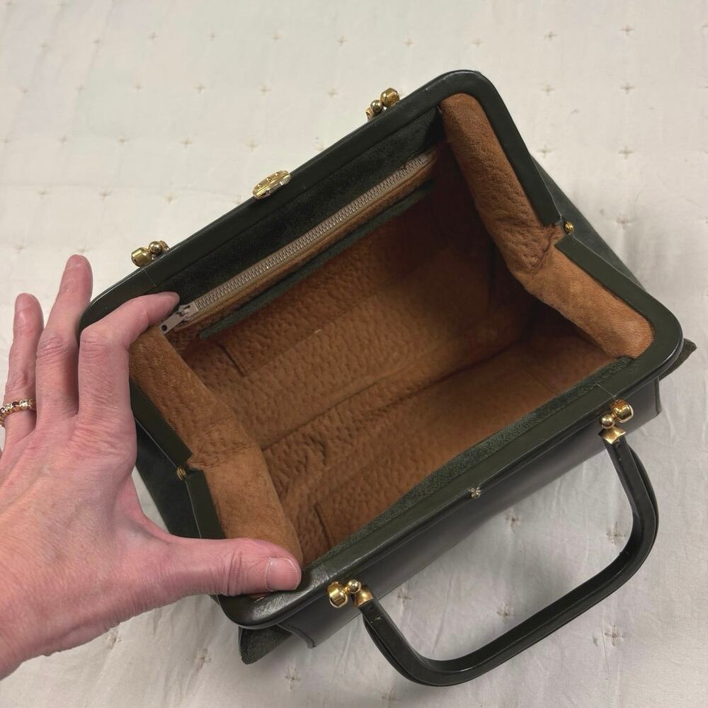 Vintage Suede Doctors Bag Top Handle Satchel Olive Green Gold Hardware - Picture 7 of 12